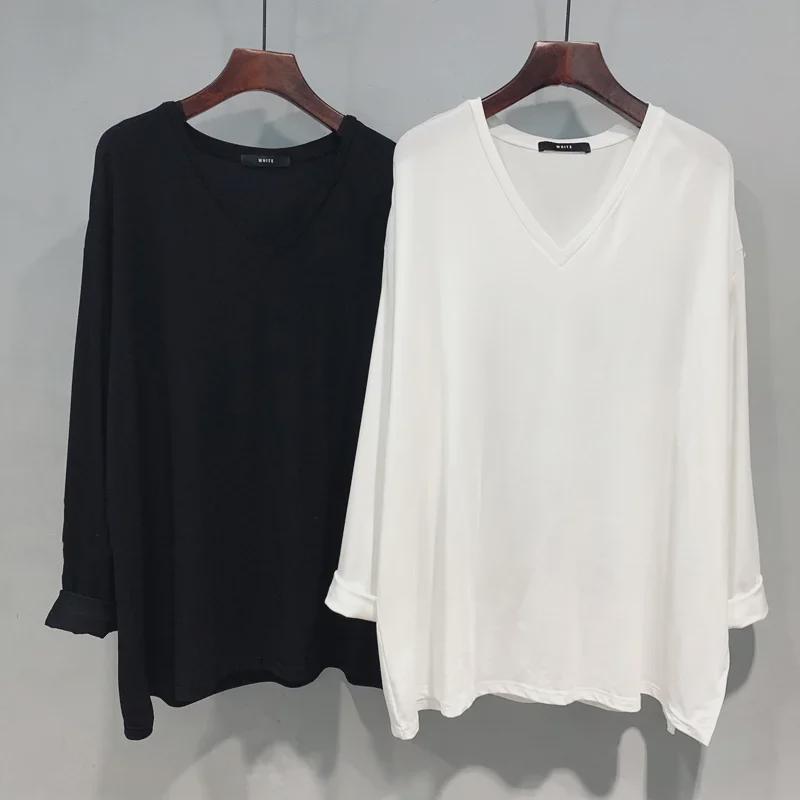 2025 Trendy European Women's V-Neck XL Long-Sleeve T-Shirt, Spring/Autumn, Loose Fit, Belly-Covering, Up To 300 Lbs