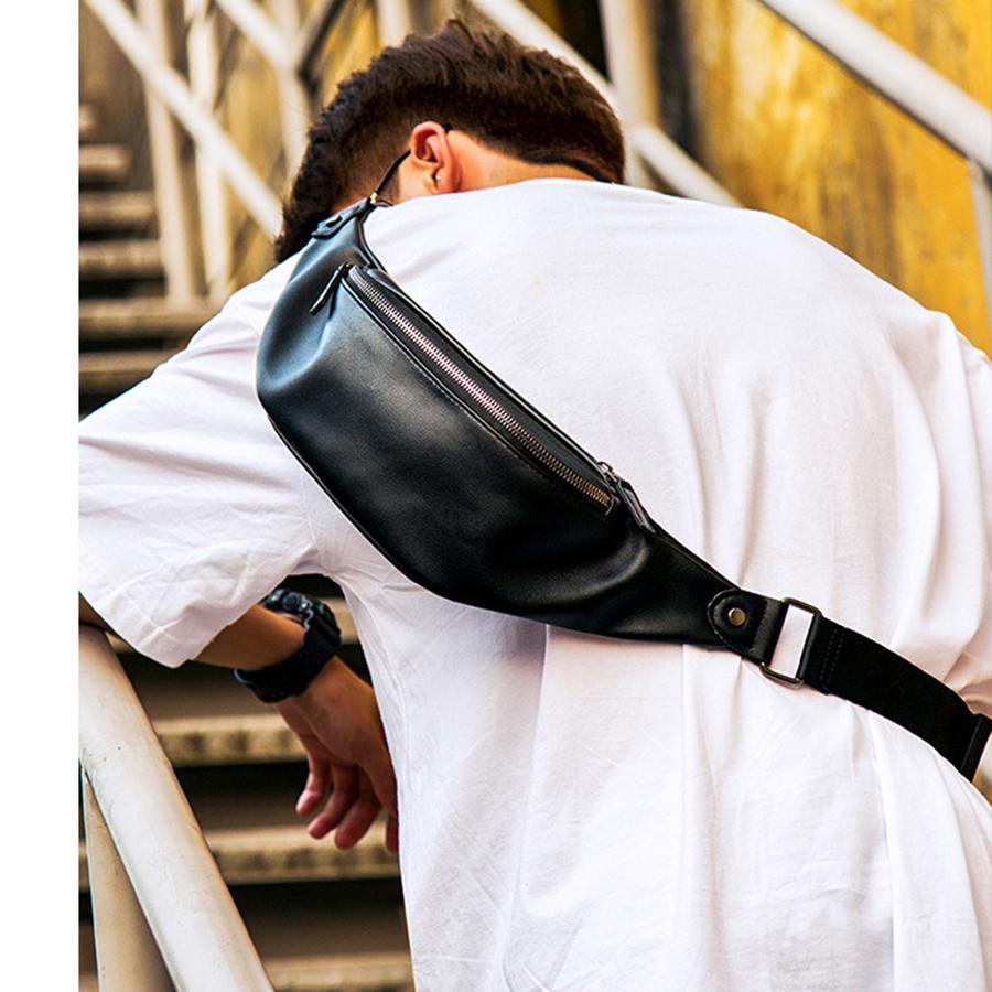New daily commuting waist bag - black outdoor sports running men's cross-body bag - chest bag soft pu leather belt bag wallet