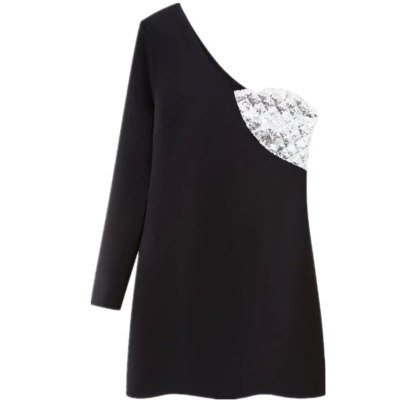 

Western Style Autumn and Winter New Women clothes Design Sense Tube Top Slimming Temperament Asymmetric Sequins Dress Short dress Black L