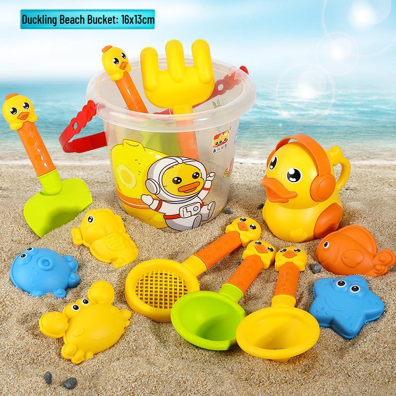 Children's Beach Toy Set: Yellow Duck, Bucket, and Sand Shovel for Seaside Fun