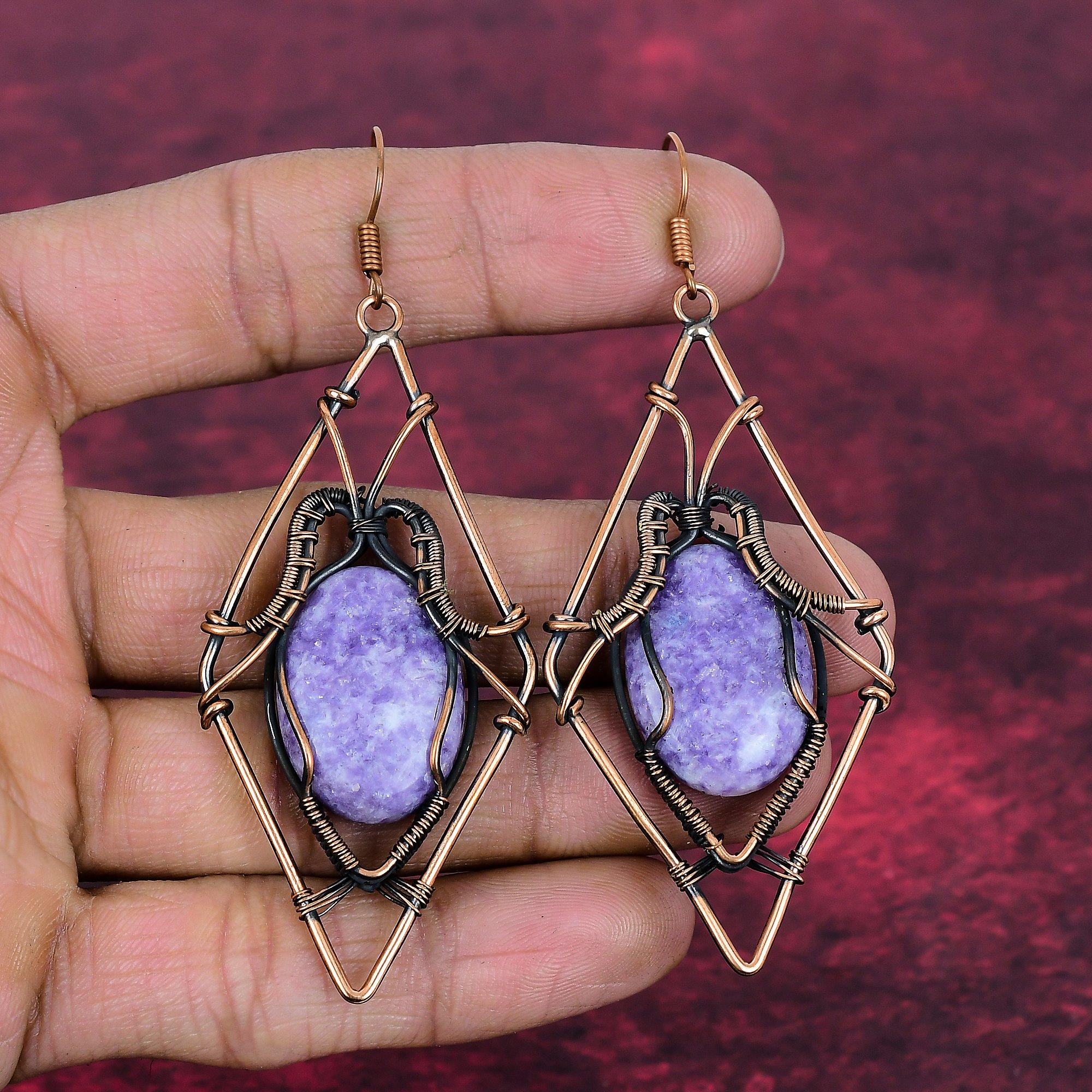 Lepidolite Earring Gemstone Handmade Jewelry Copper Wire Wrapped Dangle Earrings