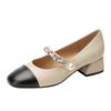Leather Mary Jane Single Shoes Women's Light Shoes Thick Heel 2025 Spring New Round Head French Color Matching Temperament Silver Single Shoes