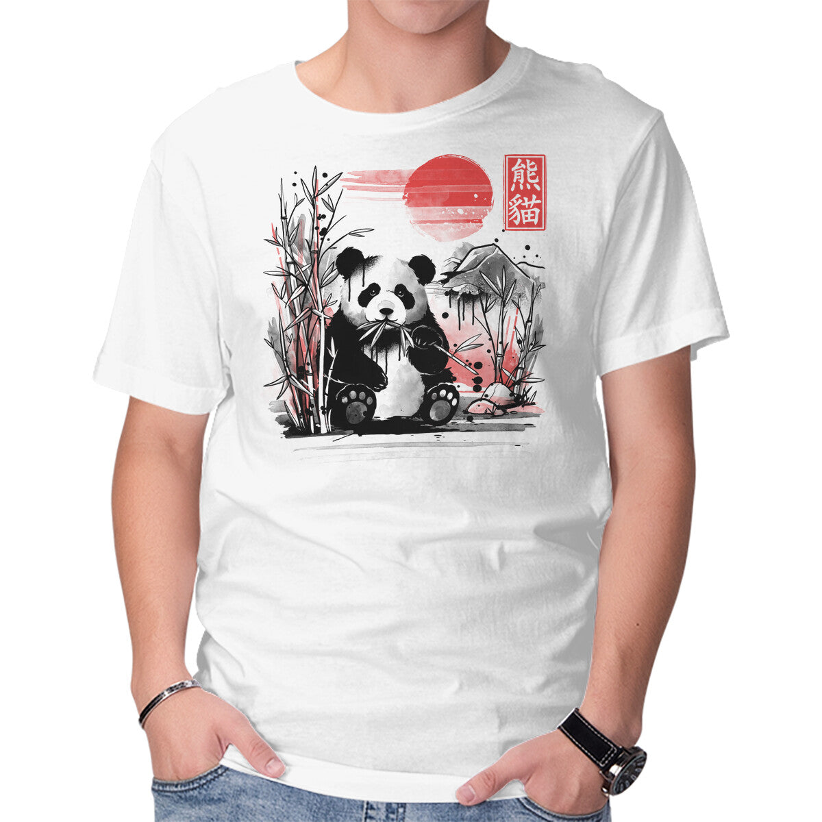 Unisex Crew Neck T-Shirt Panda Red Sun Graphic Short Sleeve Casual Tee XL