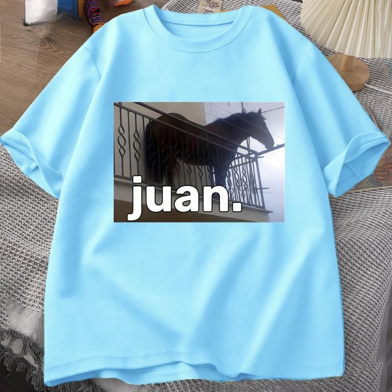 Juan Silly Horse on Balcony Dank Meme Graphic T Shirts Funny Women O Neck Casual Short Sleeve Tee Shirt Summer Tops Oversized