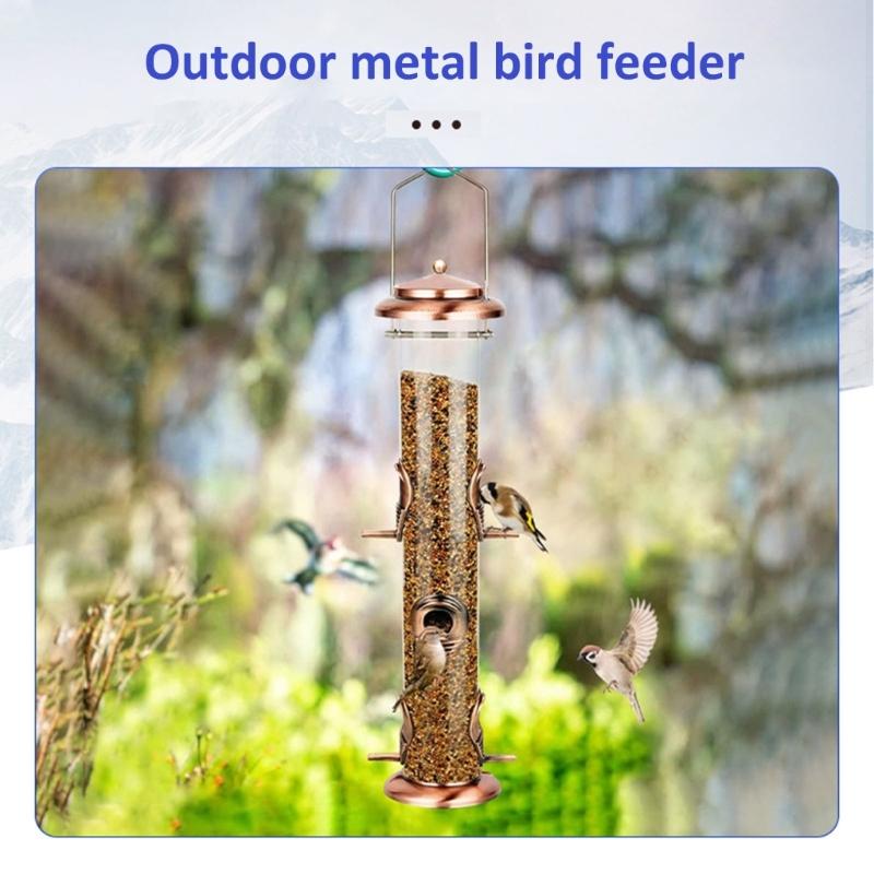 6 Port Metal Bird feeders for Multiple Birds Durable Proof Easy to Fill with Lift Cover and Clean transparents Tube Stable Hanging Design
