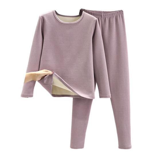 2 pezzi/set invernale top pantaloni set spesso peluche scollo rotondo manica lunga elastico in vita caldo morbido antifreddo pigiama set biancheria intima termica
