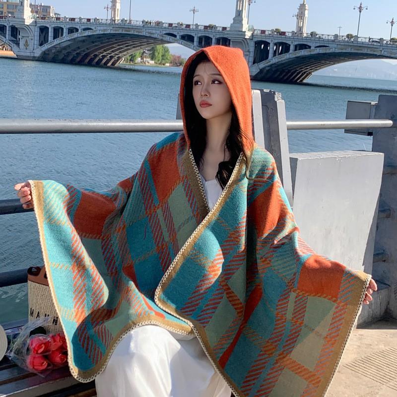 Warm Thick Plaid Hooded Cape Shawl Women Winter Cozy Wrap Scarf Lightweight Blanket Coat