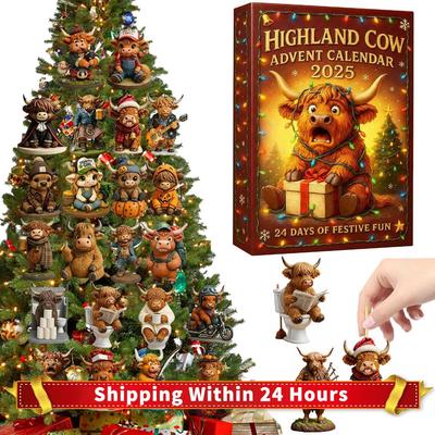 Highland Kuh Adventskalender 2025 mit 24 3D Kuh Ornamenten Weihnachts-Adventskalender Weihnachts-Countdown-Kalender Weihnachts-Überraschungsgeschenke