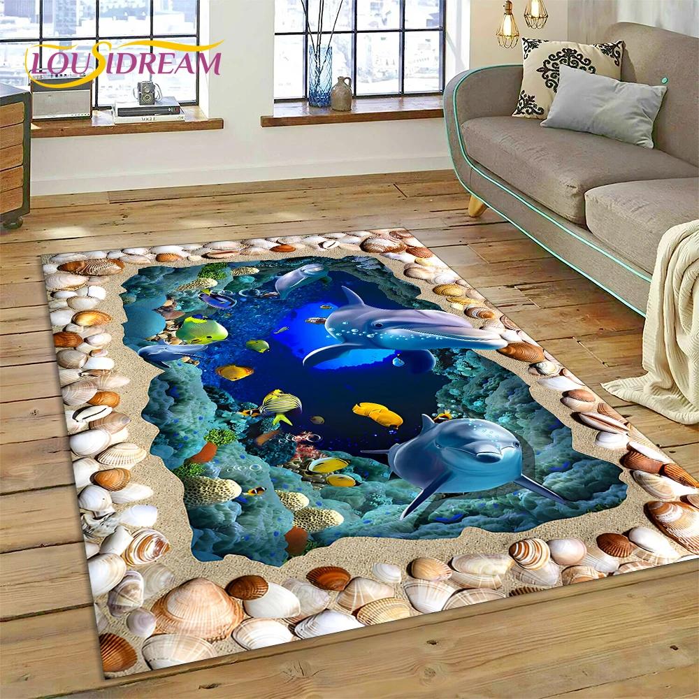 3D Illusion Underwater World Seabed Shark Dolphin Cartoon Carpet Rug for Bedroom Living Room Sofa Decoration,Kid Decor Floor Mat