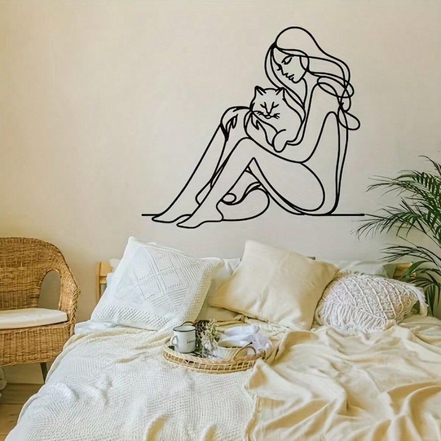 Metal Wall Art Lady with Cat Simple Line Design Living Room Decor Indoor Gift Wedding Holiday Home