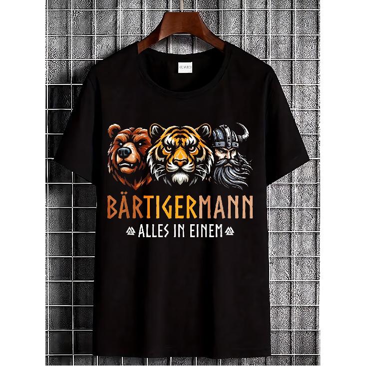 Men's Black Short Sleeve T-Shirt with Bear Tiger Viking Graphic, Crew Neck, Soft Cotton Feel, Bold German Text Design for Casual Daily Wear