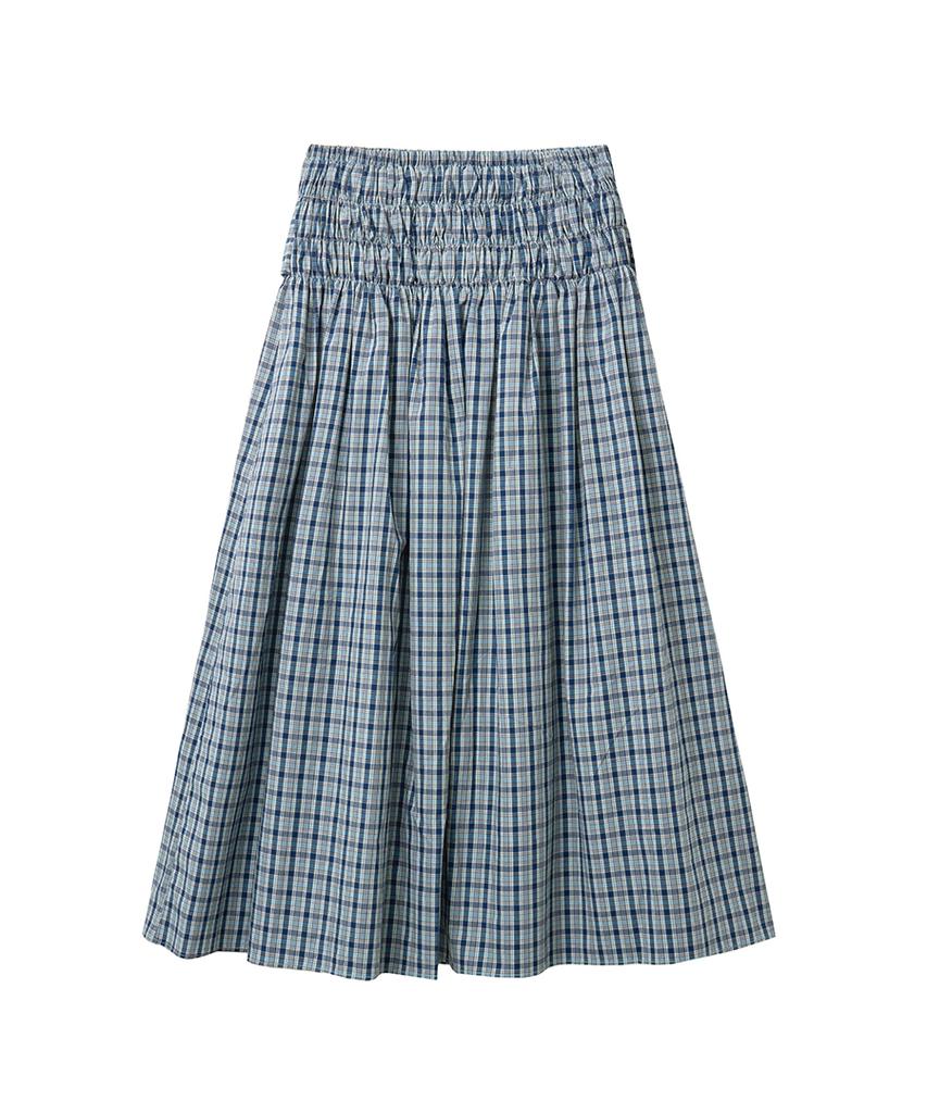 Lense Smocked Shirring Skirt Blue Check
