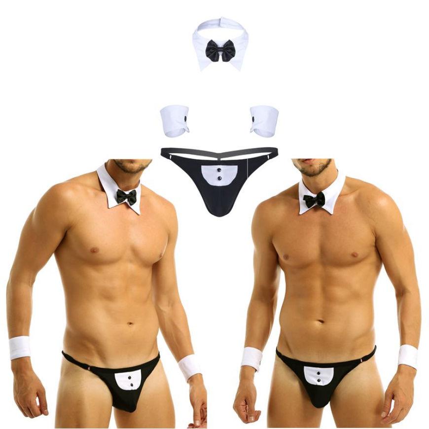 

3шт мужской официант нижнее белье костюм открытой спины смокинг G-string стринги нижнее белье с галстуком-бабочкой воротник и браслеты