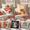 Cartoon Of Oriental Dragon Illustration Pillow Case Double-Sided Plush Sofa Cushion Covers Organic Breathable Invisible Zipper