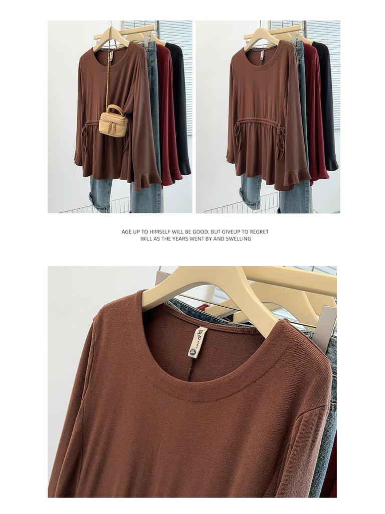 Plus Size Autumn Round Neck Ribbed Pullover Base Layer for Women - Slimming & Versatile