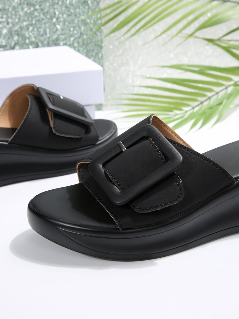 Korean simple solid color square buckle wedge slippers women wear new women's shoes Bohemian one-word slippers