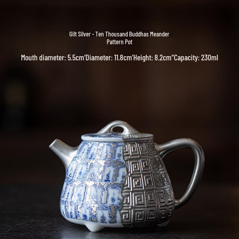 Chaxun Wanfo Huiwen Blue & White Porcelain Gilded Silver Tea Pot