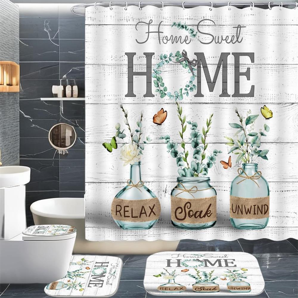 Blue Hydrangea Shower Curtain Set Rustic Butterfly Floral Bath Curtains Home Bathroom Decor Floor Rug Bath Mats Toilet Lid Cover
