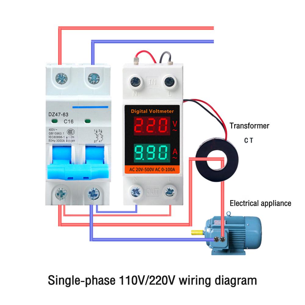 Din Rail LED Dual Display AC Voltmeter Ammeter Electricity Meter AC60-500V AC0.00-99.9A Voltage Current Monitor Volts Amps Relay