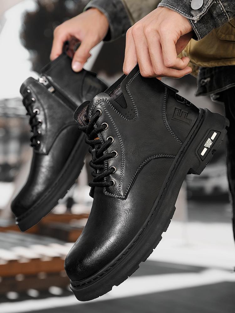 High Top Male Motocross Boots New Fashion Mens Leather Shoes Motorcycle Ankle  Boots for Men Warm Plush Fur Winter Boots