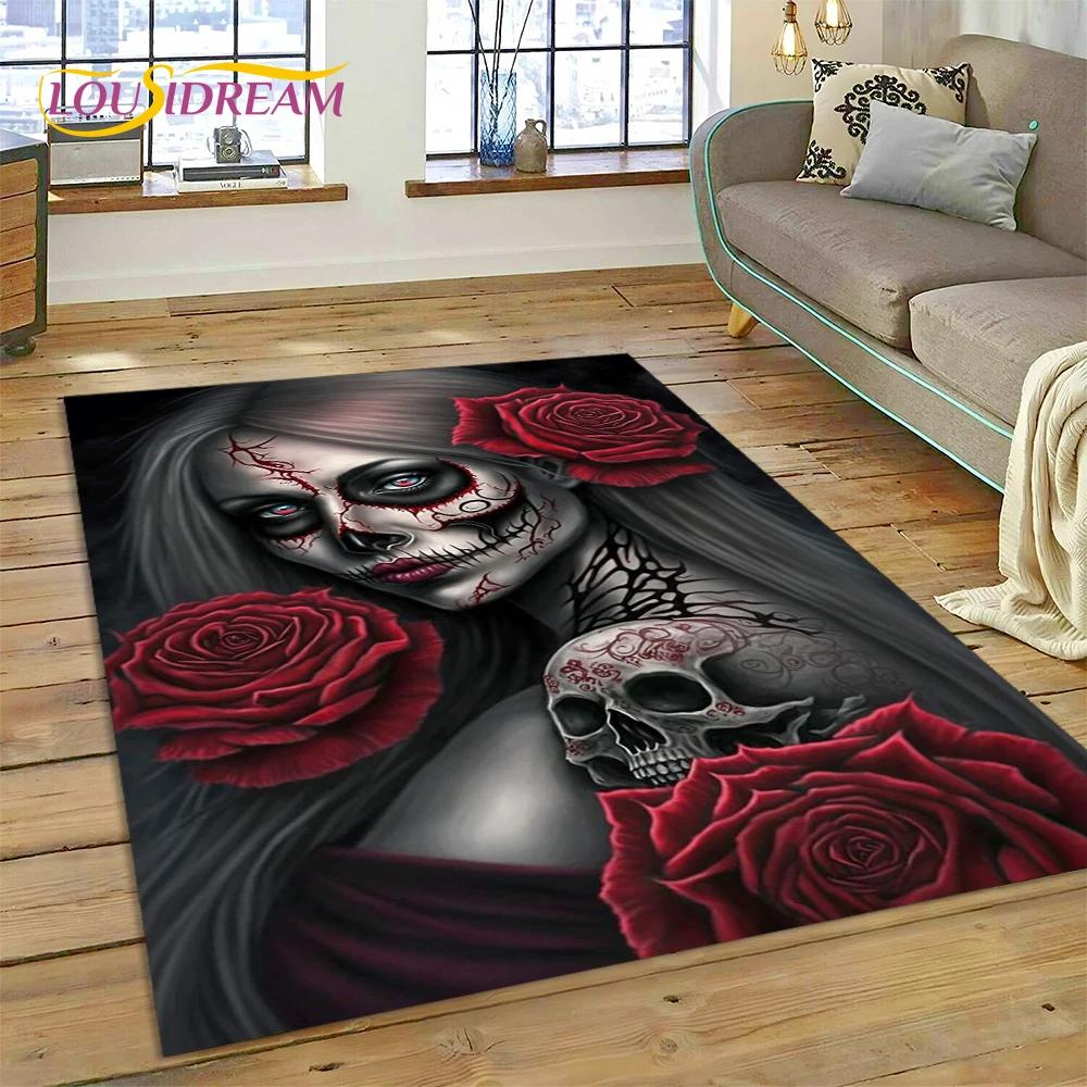 Skull Dead Girl 3D Gothic Horror Female Rose Rug Carpet for Living Room Bedroom Decor,Non-slip Decoration for Sofa Doormat Gift
