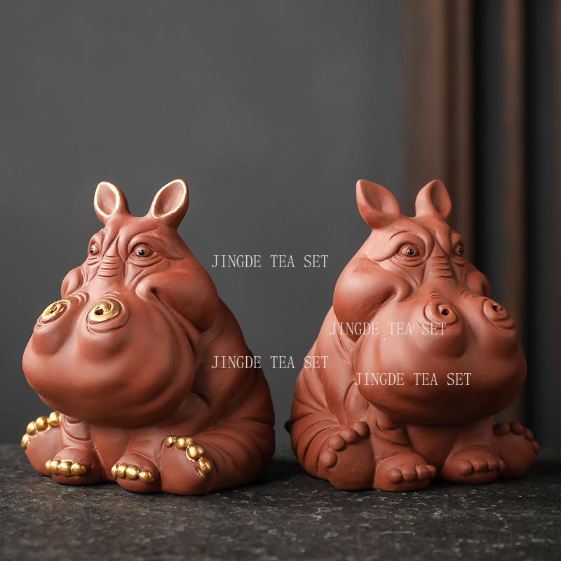 1PCS Creativity Purple Clay Tea Pet Handmade Hippo Statue Ornaments Desktop Crafts Chinese Tea Set Decoration Accessories