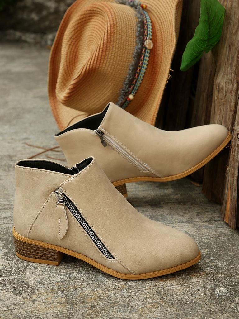 Four seasons shoes British style solid color casual zipper low heel thick heel short boots