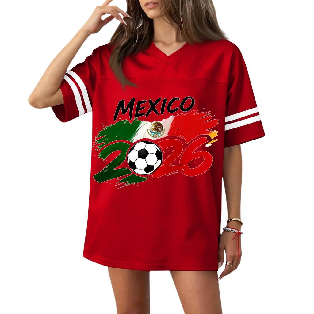 Women V Neck Short Sleeve Soccer Jersey Style Top with Football Flag Print Casual Loose Fit T Shirt for Sports and