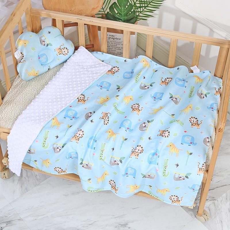 Soft Plush Double-Layer Baby Swaddle Blanket With Cartoon Animal Print Matching Pillow Set Newborns