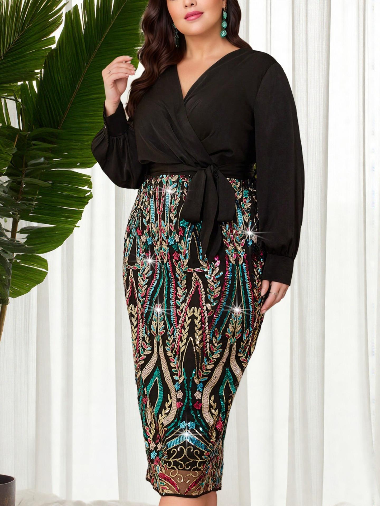 Dubai Islamic Women s Plus Size V-Neck Bodycon Dress with Long Lantern Sleeves 4XL чёрный