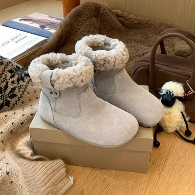 Wersja ze skóry bydlęcej~ pluszowe buty damskie z okrągłym noskiem retro pluszowe krótkie botki płaskie bawełniane buty ciepłe pluszowe śniegowce