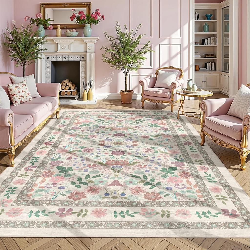 Floral Living Room Carpet Sofa Coffee Table Green Large Rug Soft Bedroom Bed Floor Mat Machine Washable Home Decoration Teppich