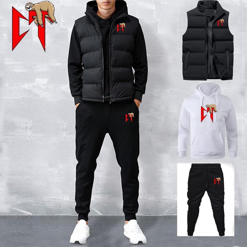 Men's Tracksuit  Vest+Hoodies+Sweatpants Suit Casual Jogger Sportswear 3 Piece Male Fleece Streetwear Sets