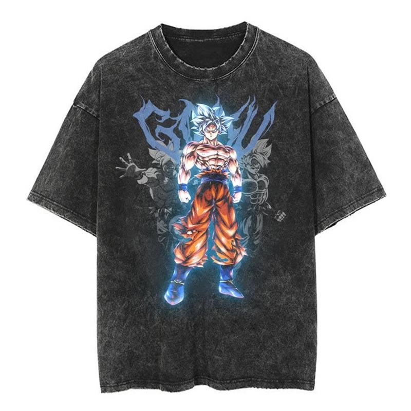 T-shirt a maniche corte lavata effetto invecchiato Giapponese Classico Dragon Ball Goku Cartone Animato Anime Oversize High Street Vintage Uomo e Donna