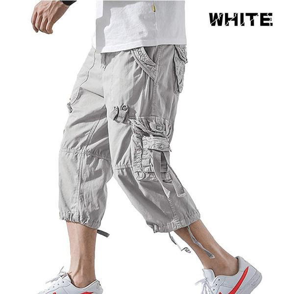 

2026 Summer Mens Casual Cargo Short Pants 3/4 Loose Fit Below Knee Capri Cargo Trousers Cotton 29 серый