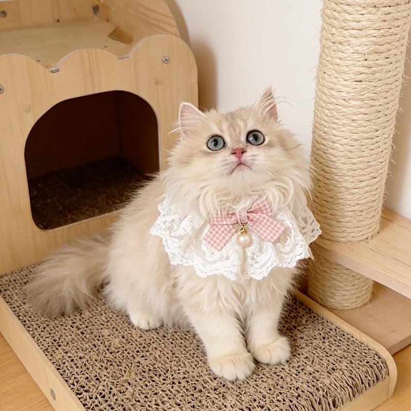 Pearl Bow Lace Pet Scarf, Checkered Adjustable Collar for Cats & Dogs, Party Photo Accessory