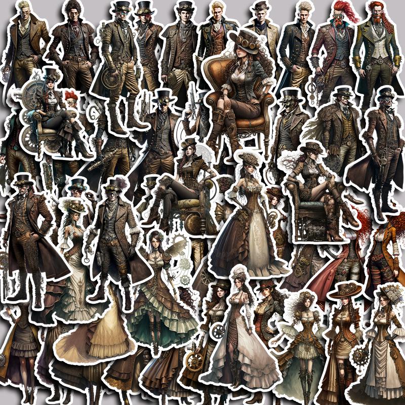 Steampunk Character Stickers: 48-Sheet Waterproof Set for Journals, Suitcases, Phones, and Tablets