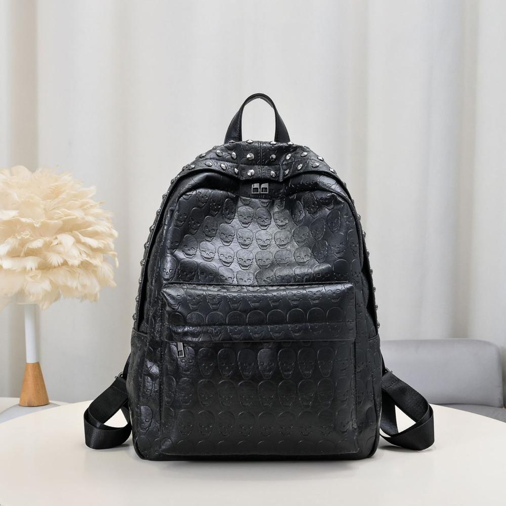 SHELKSBAG Unisex Retro Trend Skull Studded Embossed Backpack Gothic Punk Style High School College Pu Leather Travel Bags