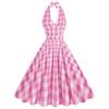 Women’s Strappy, Sexy deep-V Neckline Pink Checked Vintage Dress