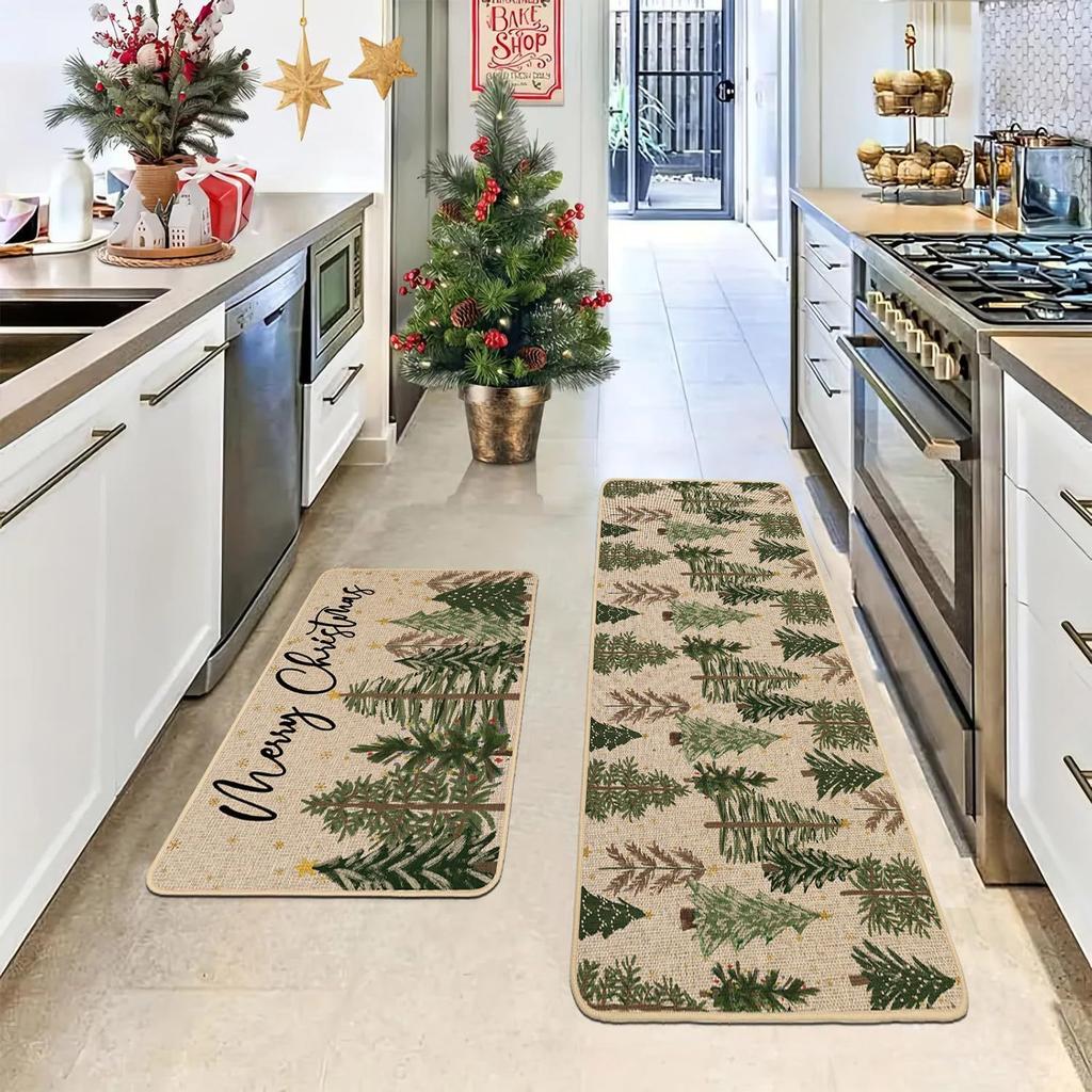 2pcs Christmas Atmosphere Floor Mat Non-slip Stain-resistant Bathroom Mat Kitchen Rug for Holiday Home Decoration