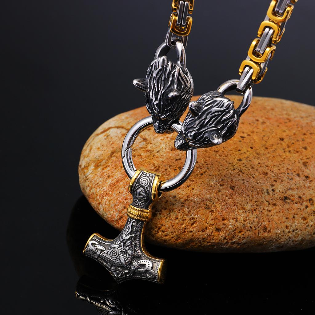 Viking Mythology Thor 'S Hammer Pendant Necklace Audin Wolf Head Golden Emperor Chain Necklace Stainless Steel Jewelry