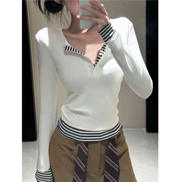 Women's Striped Color Block Fake Two-Piece Long Sleeve Button-Up Top