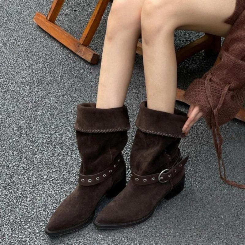 

Fashion Mid-tube Boots Autumn New Pointed Toe Suede Rivet Metal Buckle Sleeve Wear-resistant Slip Single Boots 39