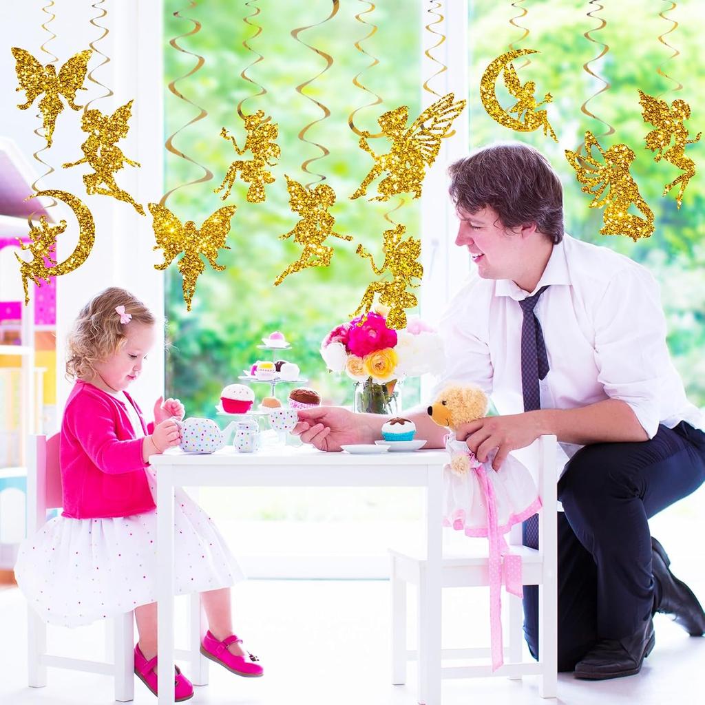 32Pcs Fairy Hanging Swirl Decoration Gold Glitter Butterfly Fairy Ceiling Spiral Streamer Ornaments for Girls First Birthday Baby Shower Party