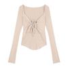 Spice Girl Sexy Foreign Style Fashion Drawstring Strap Square Neck Long Sleeve T-Shirt Autumn New Flared Sleeve Slim Skinny Top