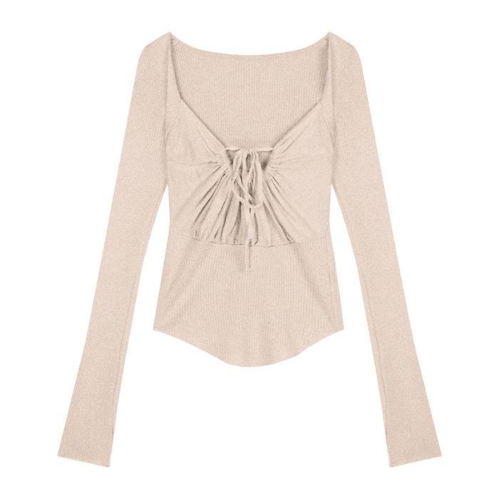 Spice Girl Sexy Foreign Style Fashion Drawstring Strap Square Neck Long Sleeve T-Shirt Autumn New Flared Sleeve Slim Skinny Top
