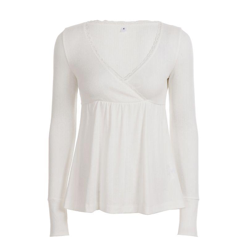 H Home European and American Women clothes French style Sweet Lace Deep V-neck a Swing Long sleeves Shirt Simple Solid Chest Type Top