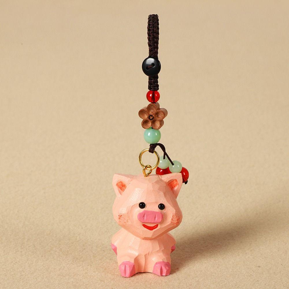 Flower Wooden Pig Keychain Beads Car Keyring Cartoon Carved Pig Dolls Pendant  Students