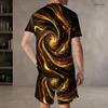 Herren Plus Size Rotes Schwarzes Bedrucktes Rundhals-Kurzarm-Oberteil Mit Taschen Zweiteiliges Shorts-Set