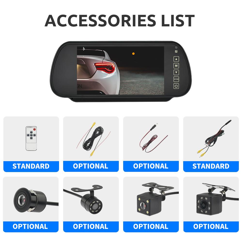 7palcový monitor zpětného zrcátka do auta s kamerou pro zpětné zrcátko pro parkování, zálohování, TFT LCD HD obrazovka, univerzální